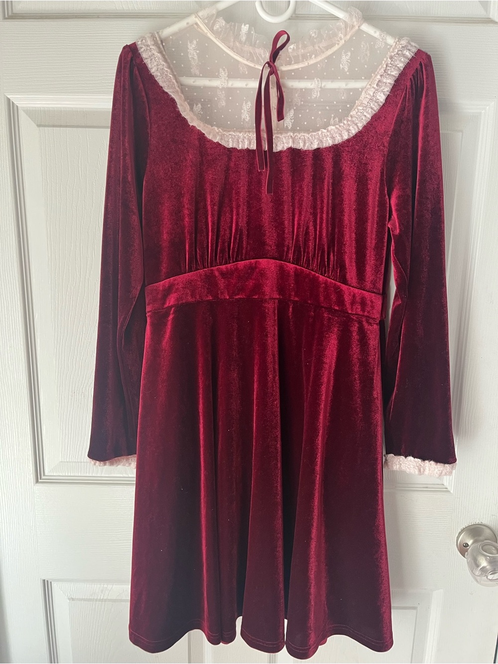 Women’s Velvet Burgundy Party Dress with Lace Trim